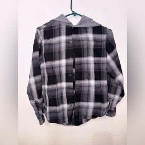Tween Teen Boys Plaid Flannel Hoodie Shirt Black Gray XL 14-16